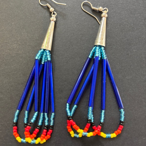 Native American made beaded and sterling silver drop earrings​ - Picture 2 of 5